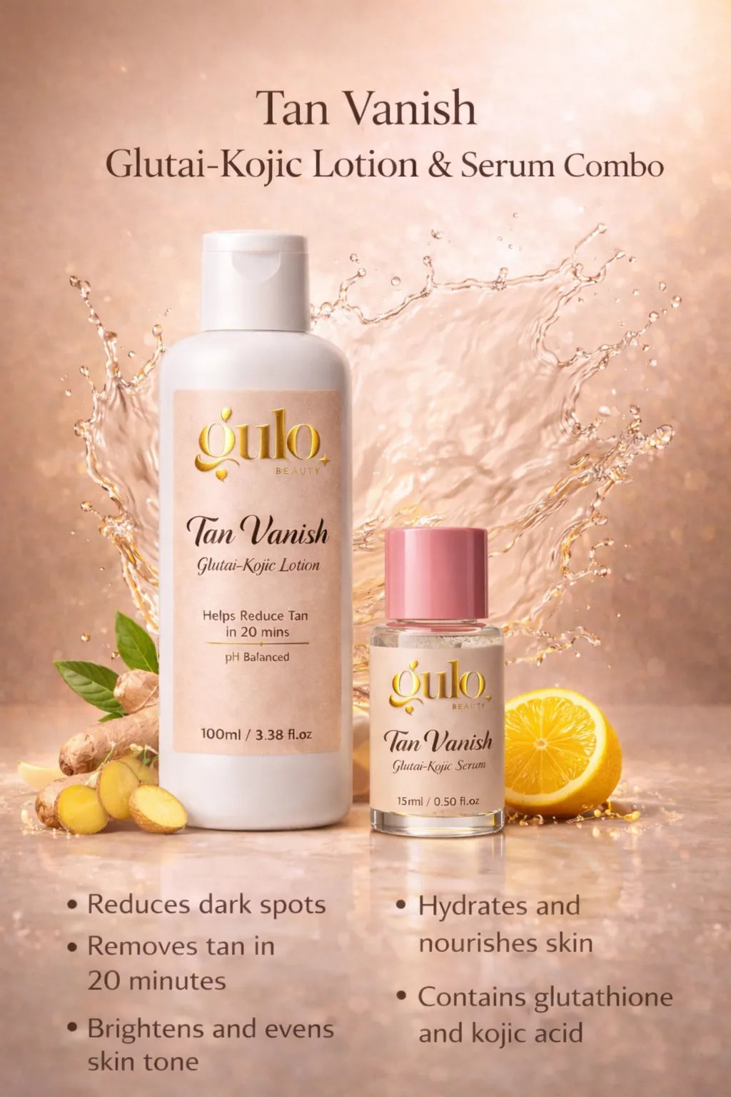 Gulo Beauty Tan Vanish Glutai Kojic Lotion and Serum